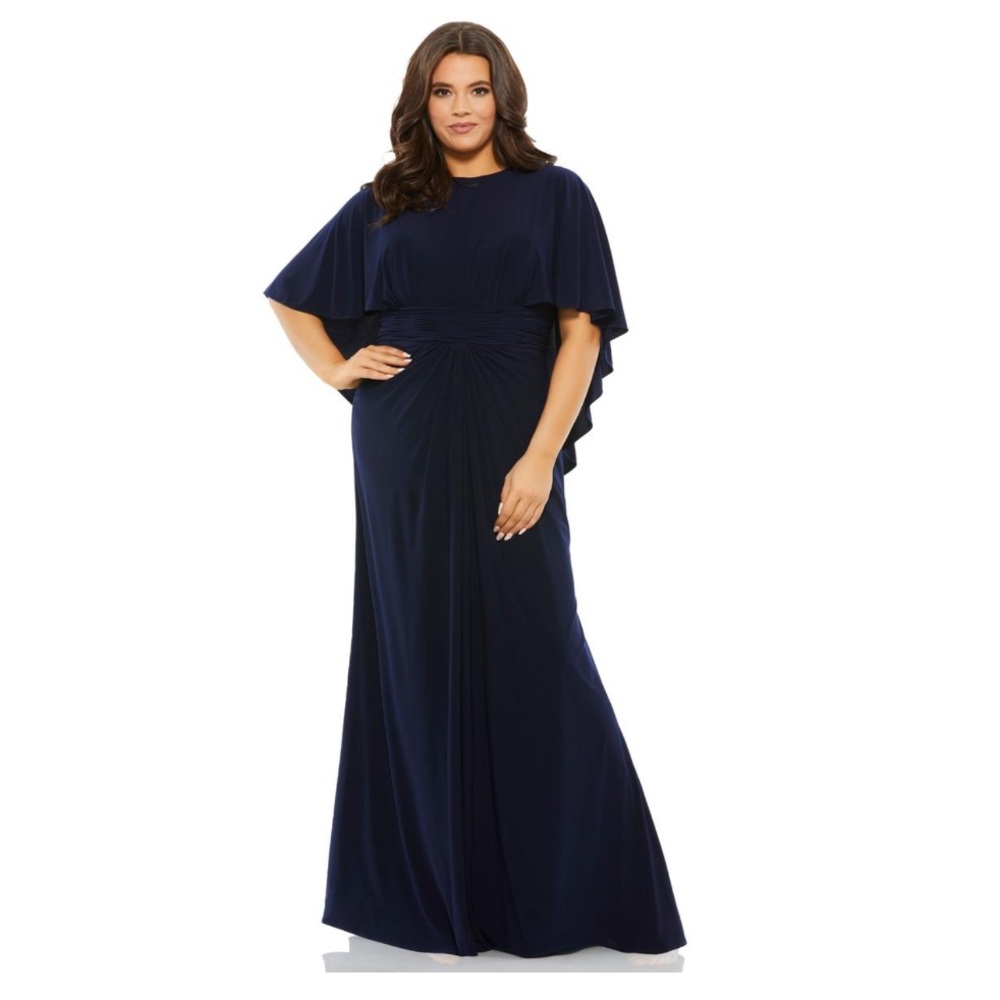 Mac Duggal Navy Blue Plus-Size Maxi Dress with Cape Sleeves